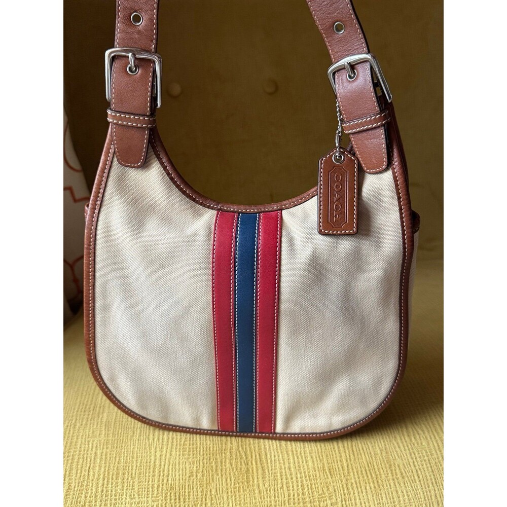 Coach Vintage Varsity Saddle Crossbody Bag Canvas with Leather Stripes